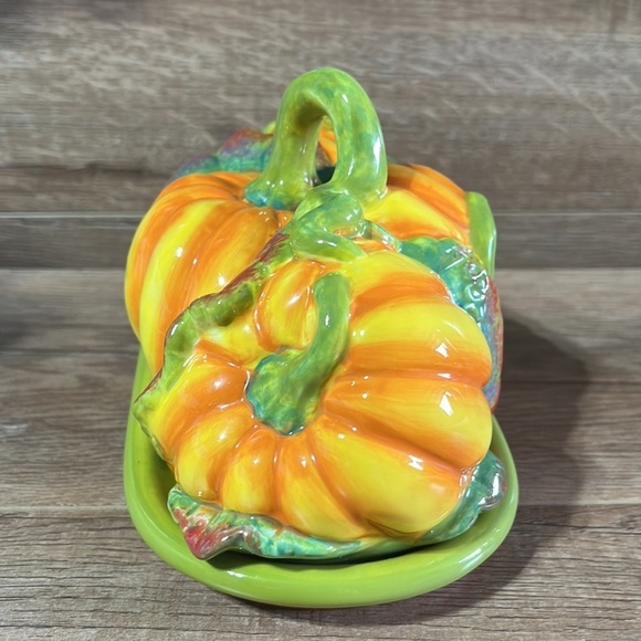 Vtg Essential Home Pumpkin Covered Butter Dish Ceramic Harvest Fall Thanksgiving - Picture 5 of 12
